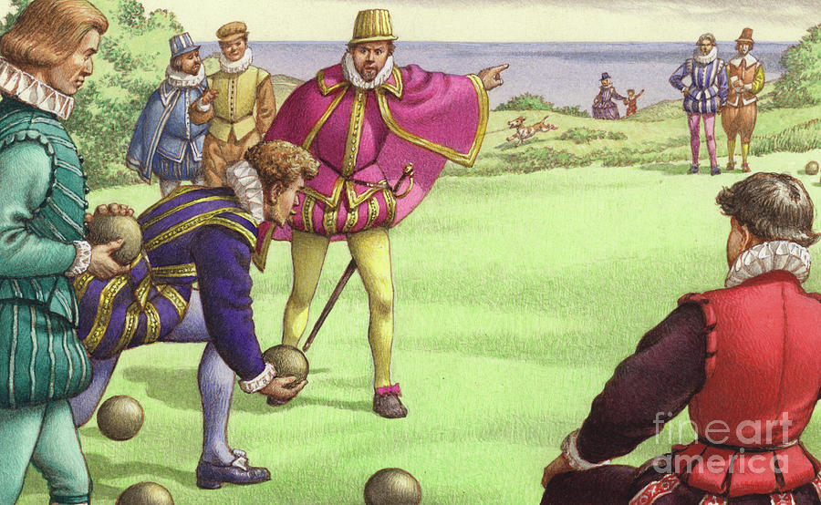 Sir Francis Drake playing bowls before the arrival of the Spanish Armada Painting by Pat Nicolle