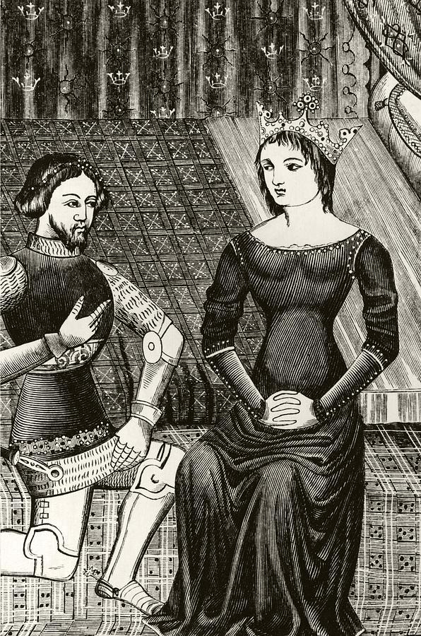 Queen Drawing - Sir Lancelot Kneels In Front Of Queen by Vintage Design Pics