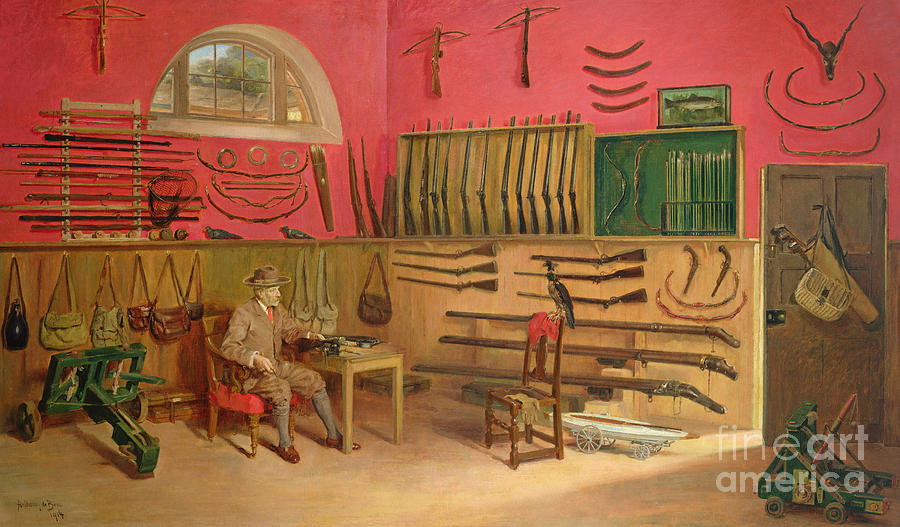 Portrait Painting - Sir Ralph Payne Gallwey in his gunroom at Thirkleby Hall, Yorkshire, 1914 by Anthony de Bru