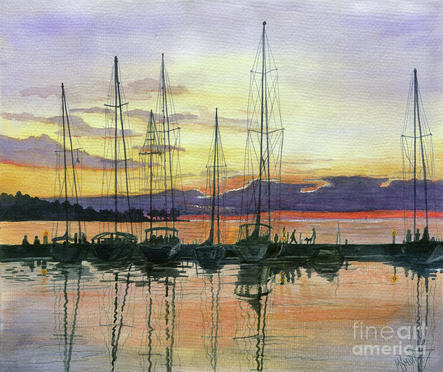 Sunset Painting - Sister Bay Harbor Sunset by Marilyn Smith