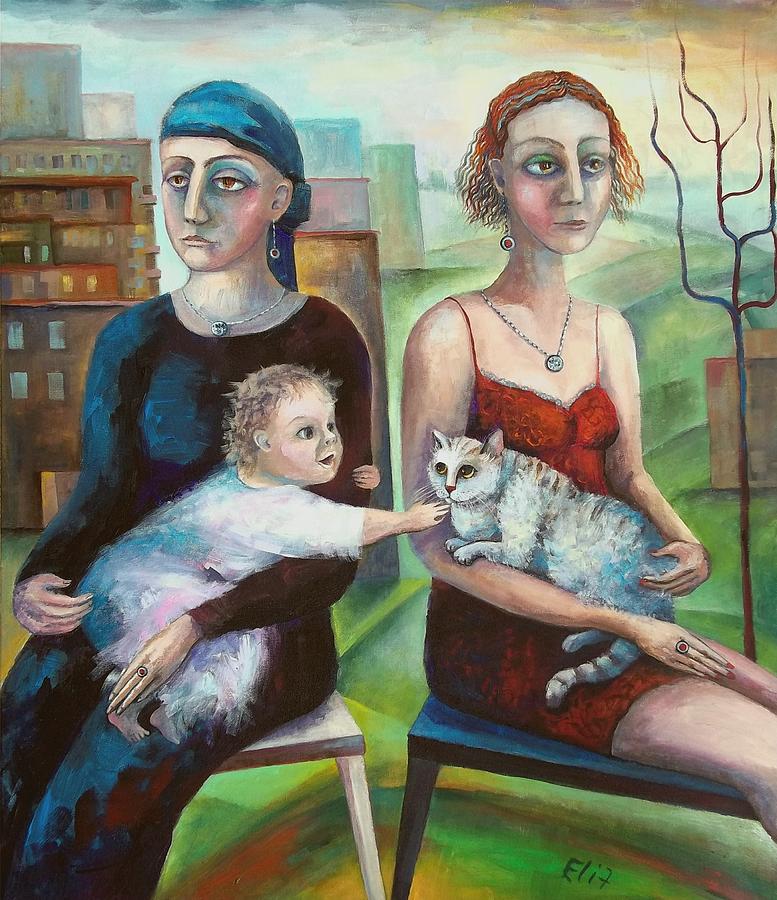 Cat Painting - Sisters by Elisheva Nesis