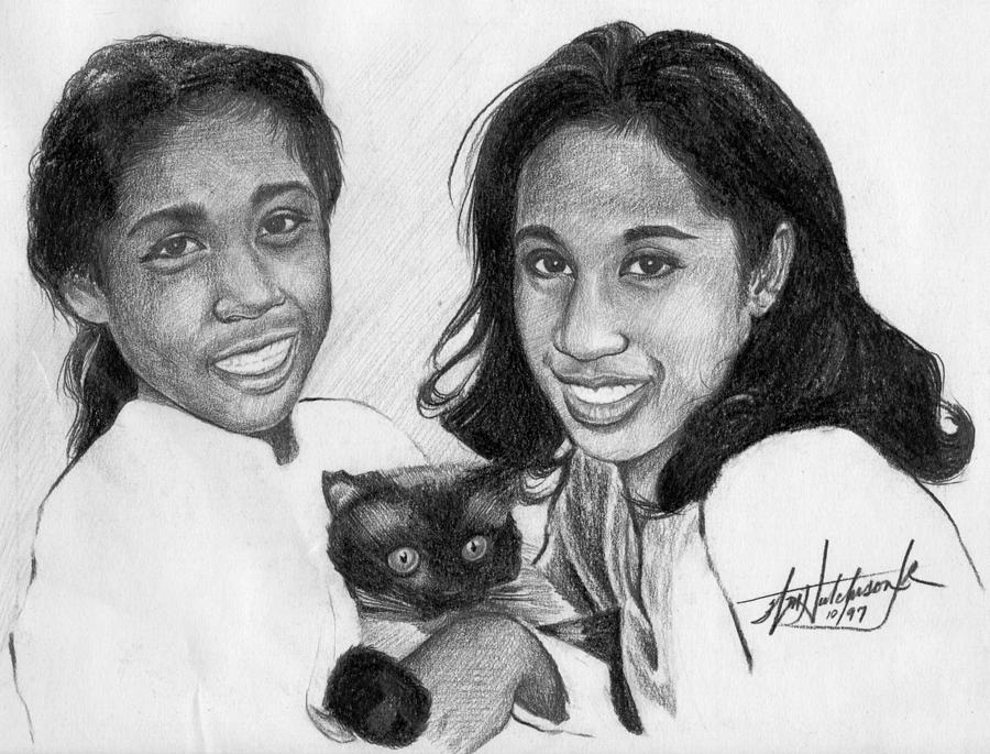 Portrait Drawing - Sisters with Shadow the Cat by William Hutchison
