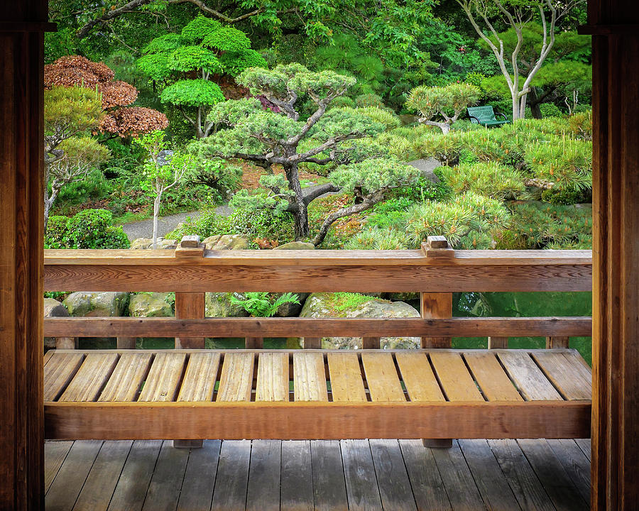 Sitting Bench Landscape View Japanese Tea Garden Hayward California Photograph by Kathy Anselmo
