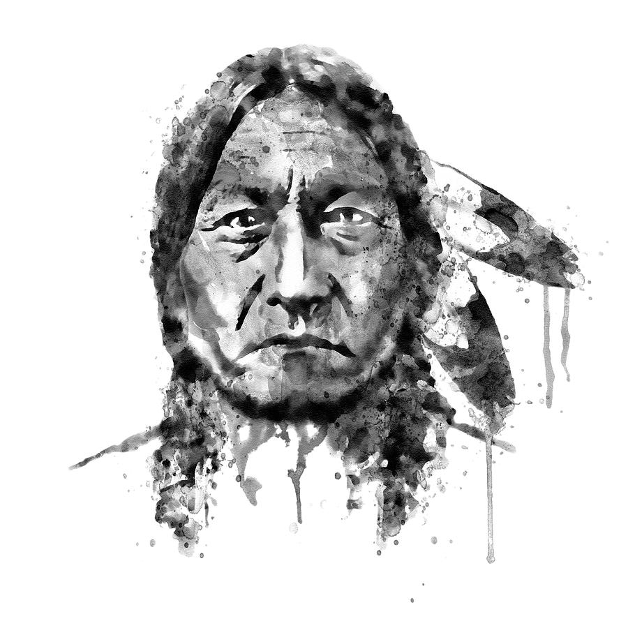 Sitting Bull Black and White Painting by Marian Voicu