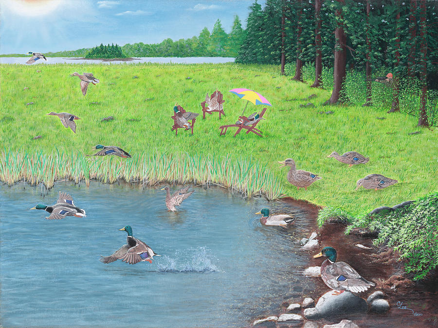 Duck Painting - Sitting Ducks by Cindy Lee Longhini