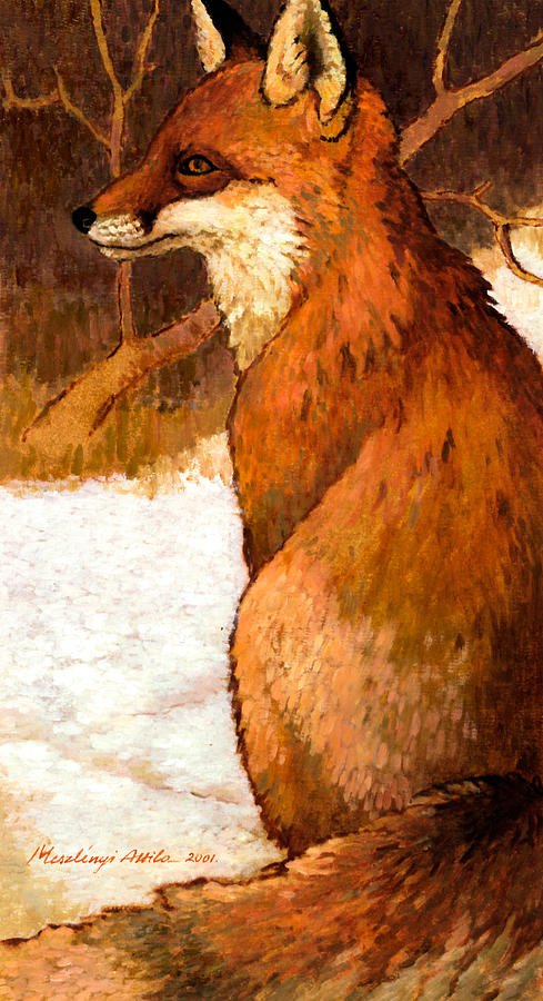 Sitting Fox Painting by Attila Meszlenyi