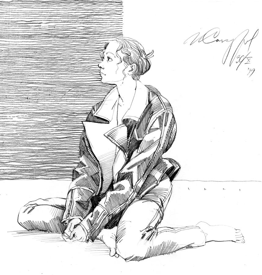 Sitting Girl in the Leather Jacket Drawing by Igor Sakurov