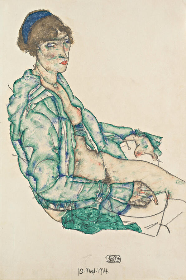 Sitting Semi-Nude with Blue Hairband, from 1914 Drawing by Egon Schiele
