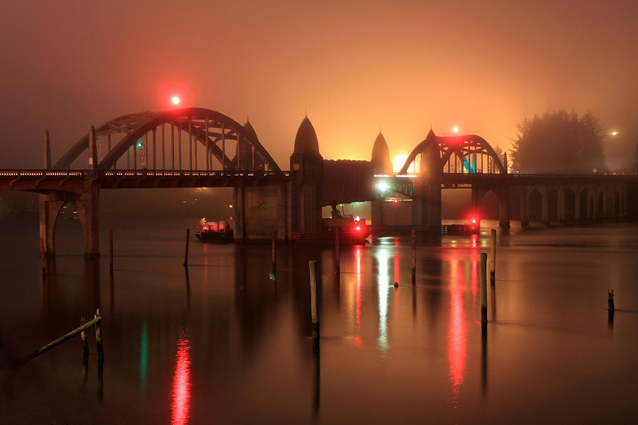 Boat Photograph - Siuslaw River Bridge at Night by James Eddy
