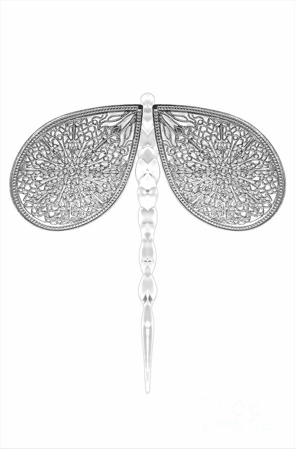 Siver lace and crystal dragonfly on white background Digital Art by Susan Vineyard