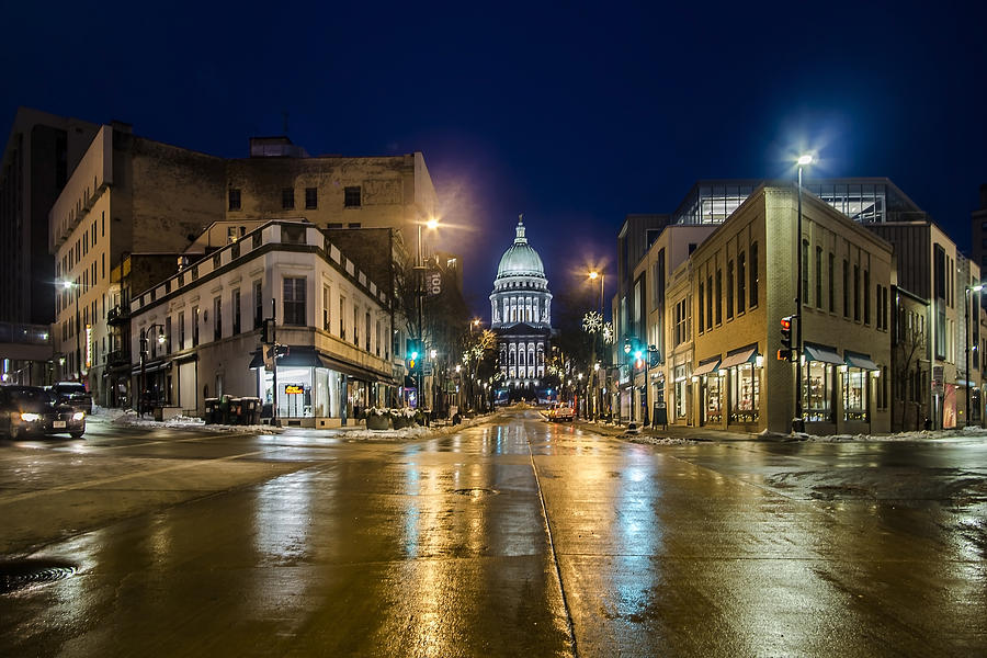 Madison Photograph - Six Corners intersection at night  by Sven Brogren
