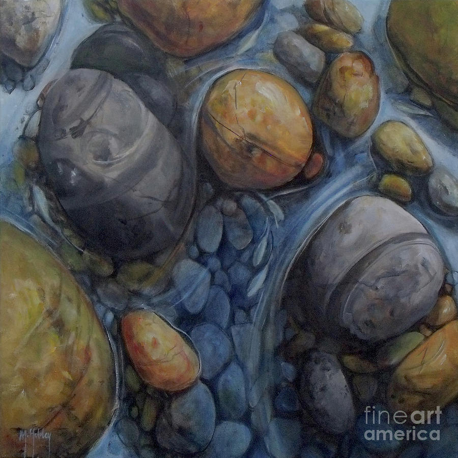Six Fish pond water river rocks  Painting by Mary Hubley