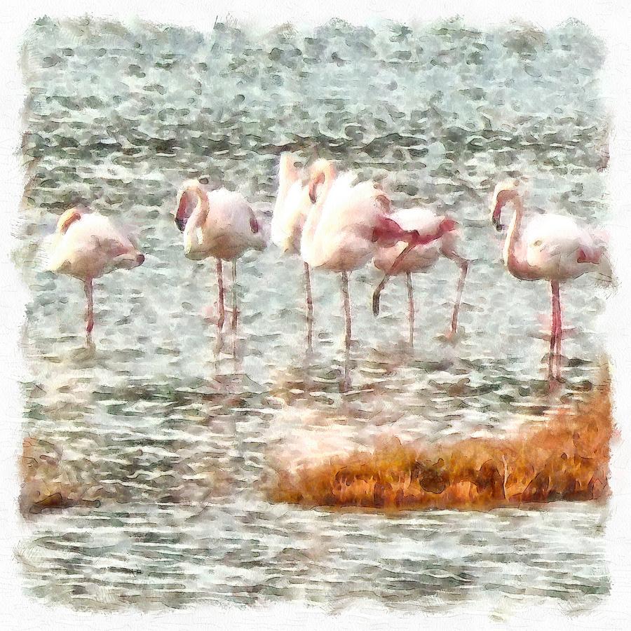 Six Flamingos A Wading Watercolor Painting by Taiche Acrylic Art