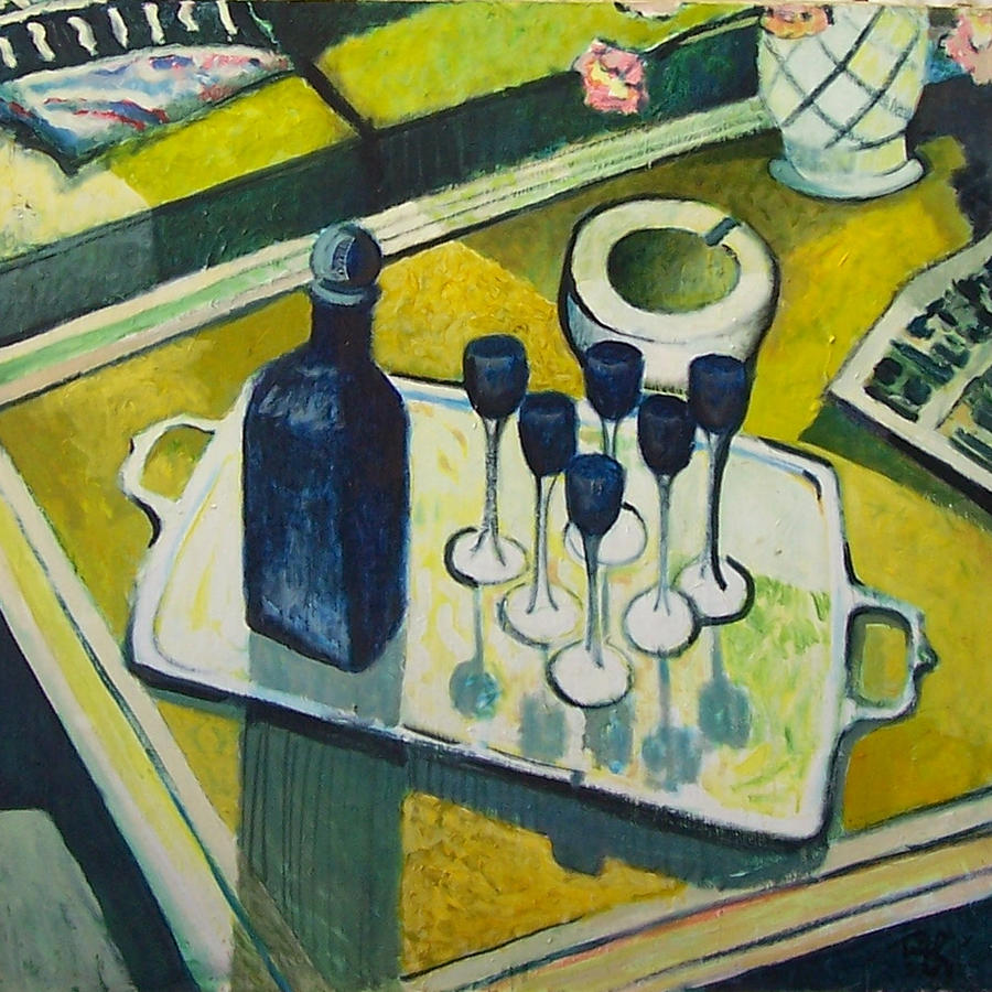 Six Glasses on a Silver Tray Painting by Thomas Tribby