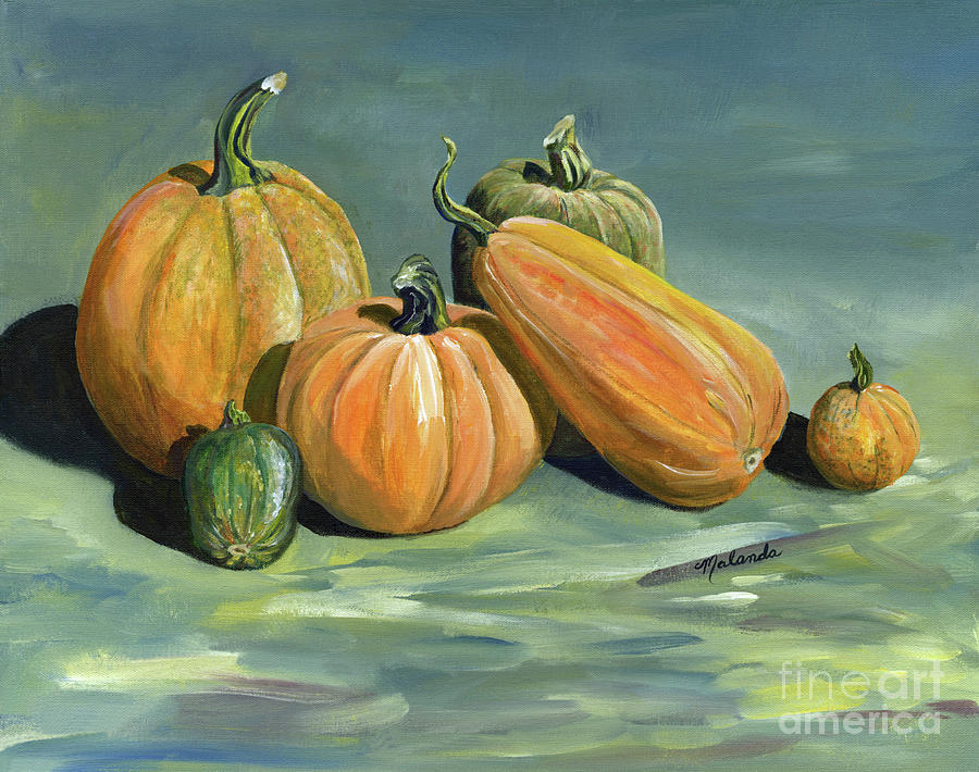 Six Pumpkins Painting by Malanda Warner
