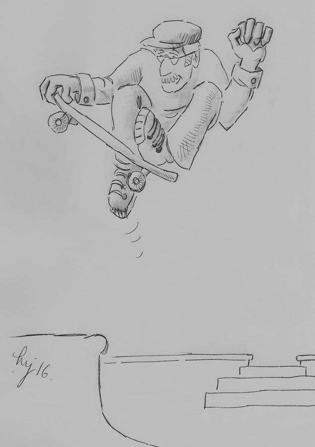 Skate Geezer Old Guy skateboard cartoon Drawing by Mike Jory