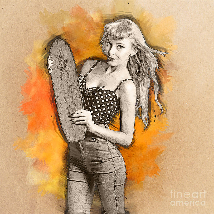 Skateboard pin-up illustration Digital Art by Jorgo Photography