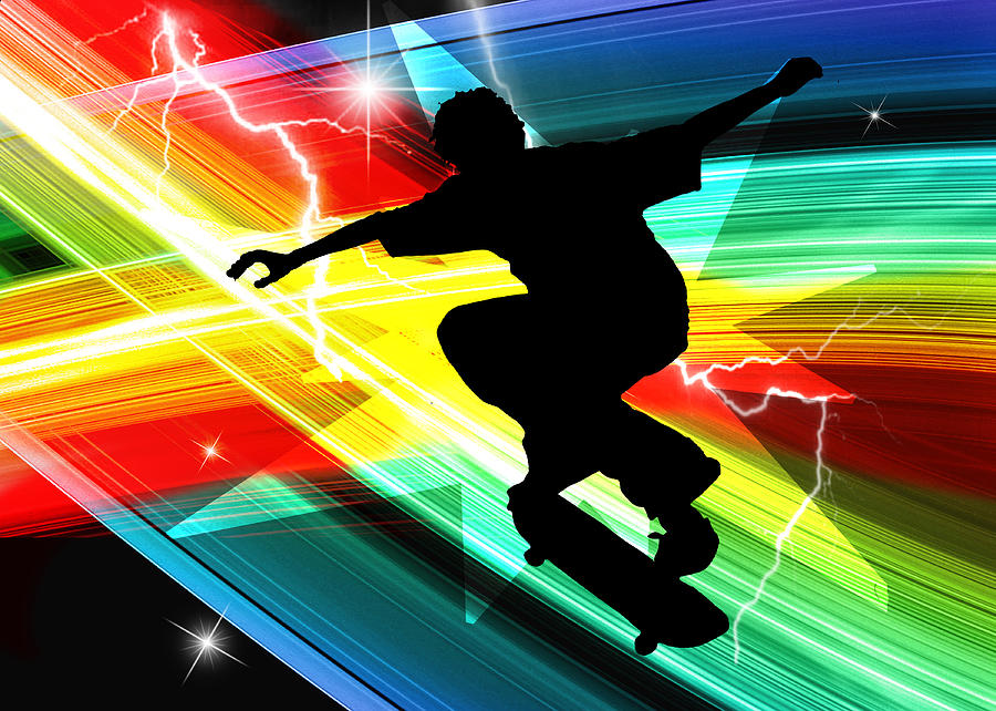 Skateboarder in Criss Cross Lightning Painting by Elaine Plesser