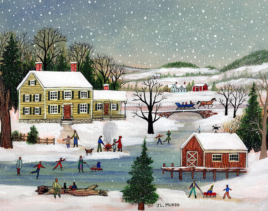 Skating by the yellow House Painting by Janet Munro - Fine Art America