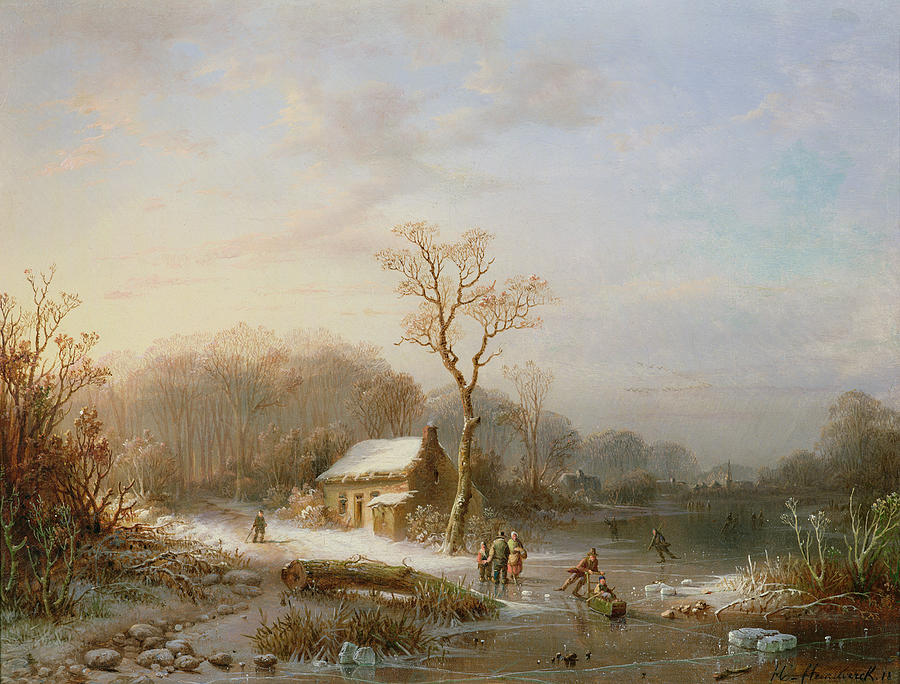 Winter Painting - Skating scene by Henri Cleenewerck