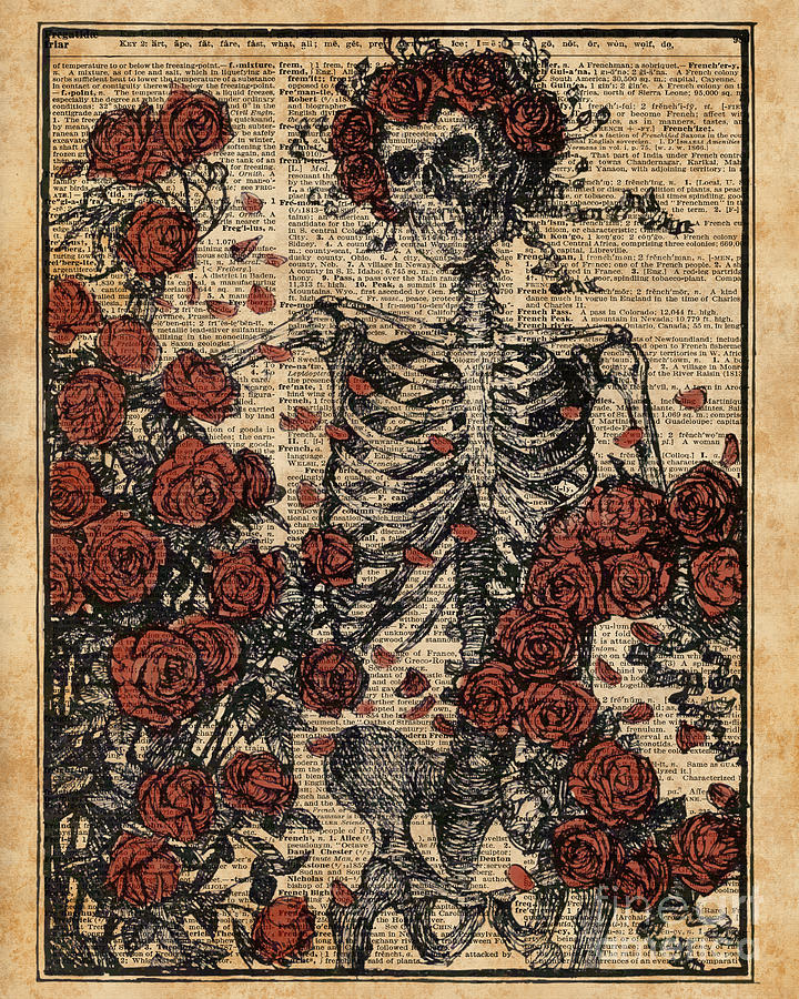 Vintage Digital Art - Skeleton art, skeleton with roses book art,human anatomy by Anna W