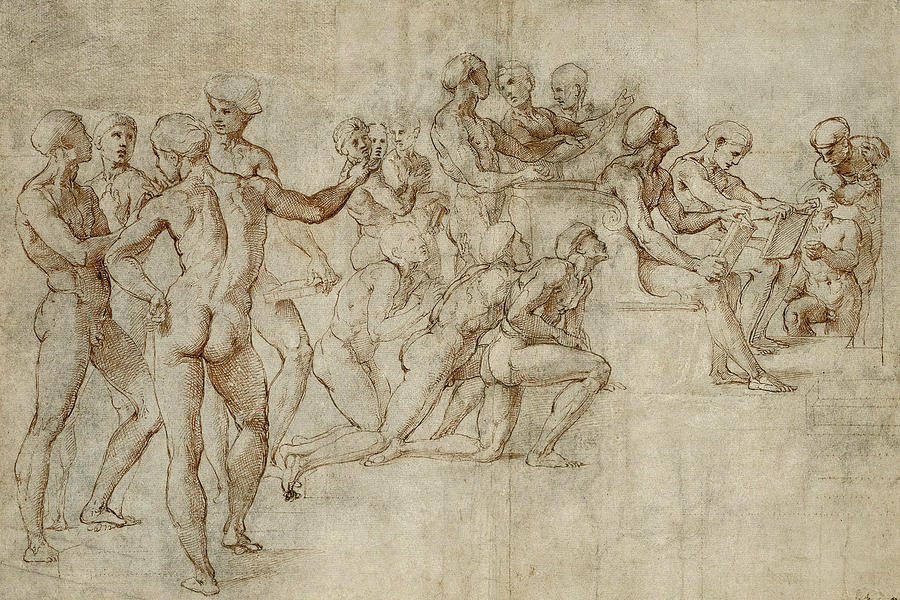 Sketch for the lower left section of the Disputa Drawing by Raphael