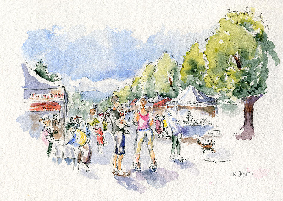 Watercolor Sketch Painting - Sketch of Farmers Market by Karla Beatty Watercolor Sketch Painting - Sketch of Farmers Market by Karla Beatty