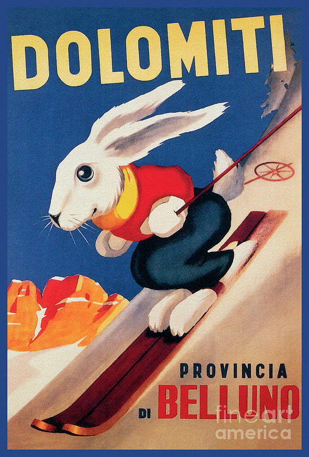 Dolomiti Painting - Ski Bunny Rabbit vintage winter sport travel advert by Tina Lavoie
