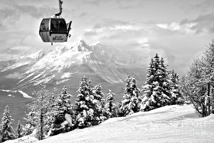 Ski Louise Gondola In The Clouds Black And White Photograph by Adam Jewell