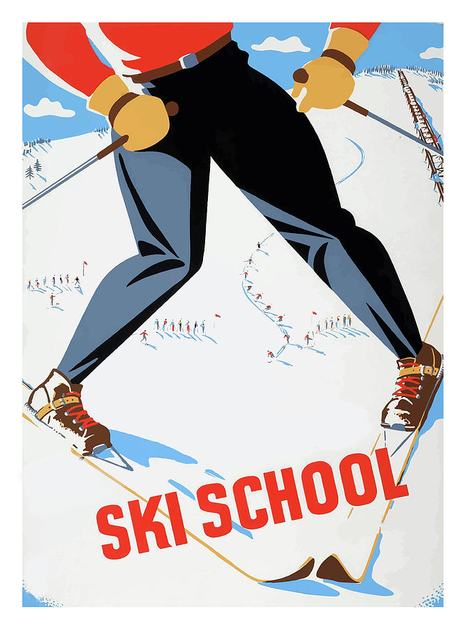 Ski school, vintage holiday poster Painting by Long Shot