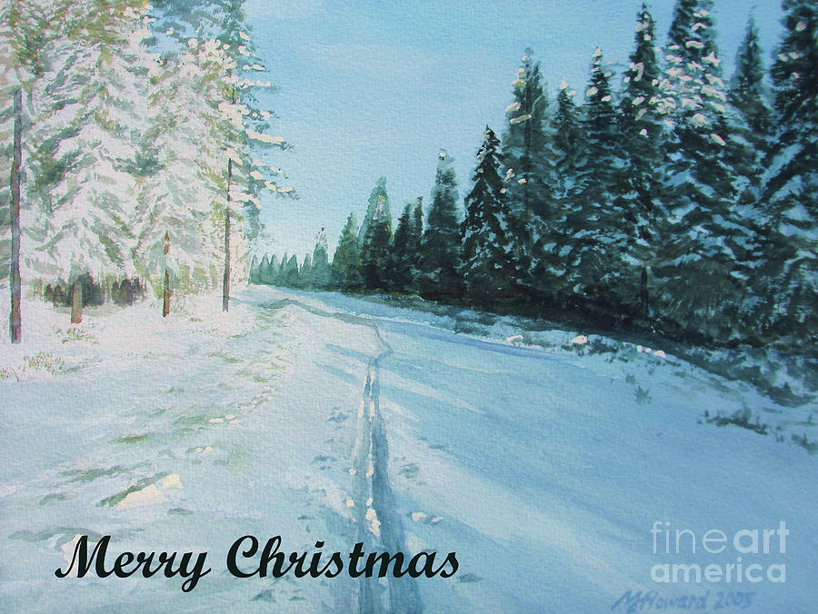 Ski Tracks Merry Christmas dark text Painting by Martin Howard