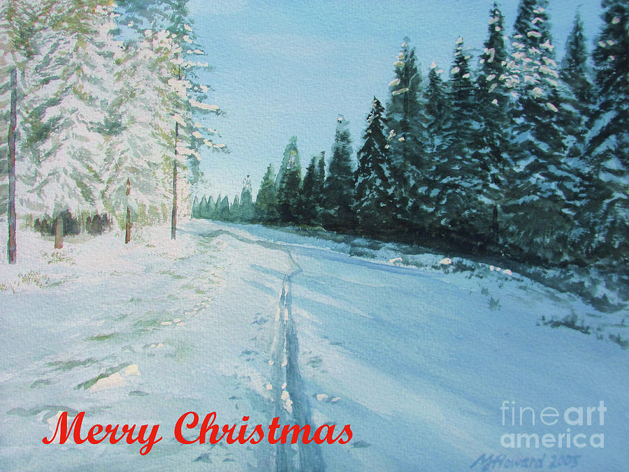 Ski Tracks Merry Christmas red text Painting by Martin Howard