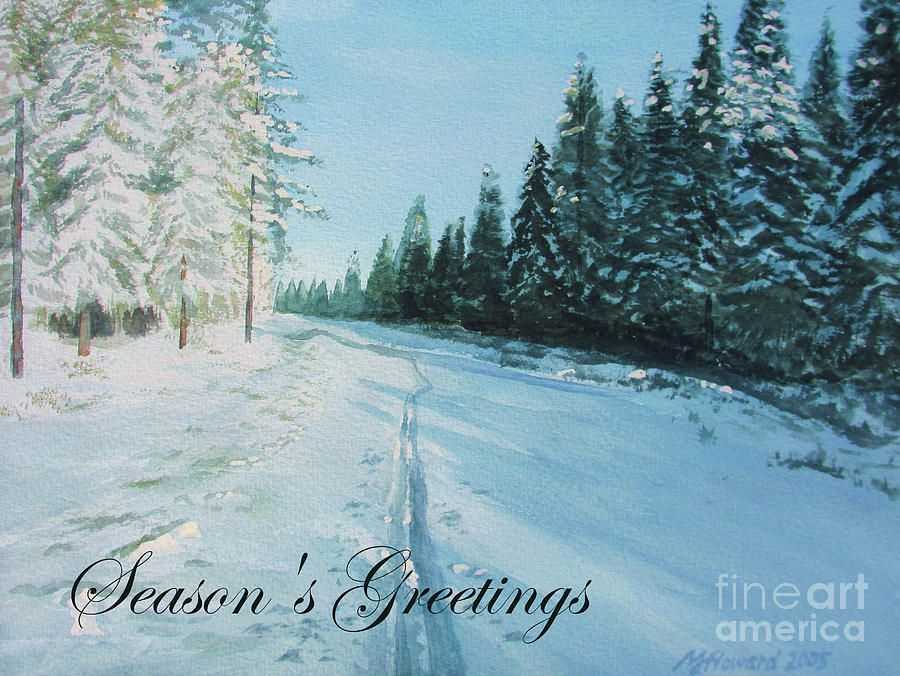 Ski Tracks Seasons Greetings dark text Painting by Martin Howard