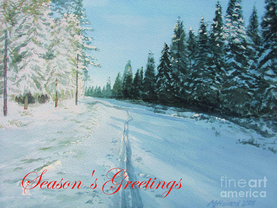 Ski Tracks Seasons Greetings red text Painting by Martin Howard
