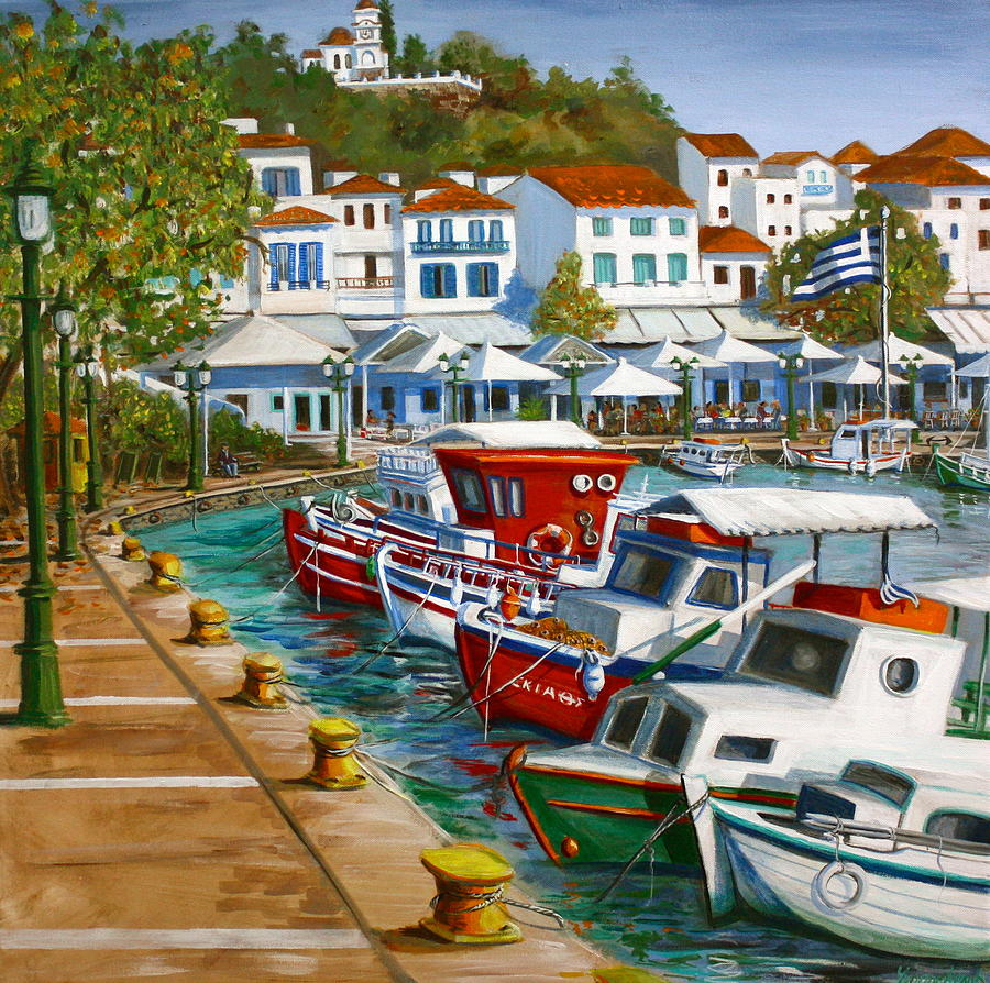 Skiathos Old Port Painting by Yvonne Ayoub