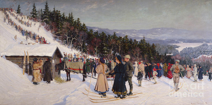 Skiin competition in Fjelkenbakken Painting by Gustav Wentzel