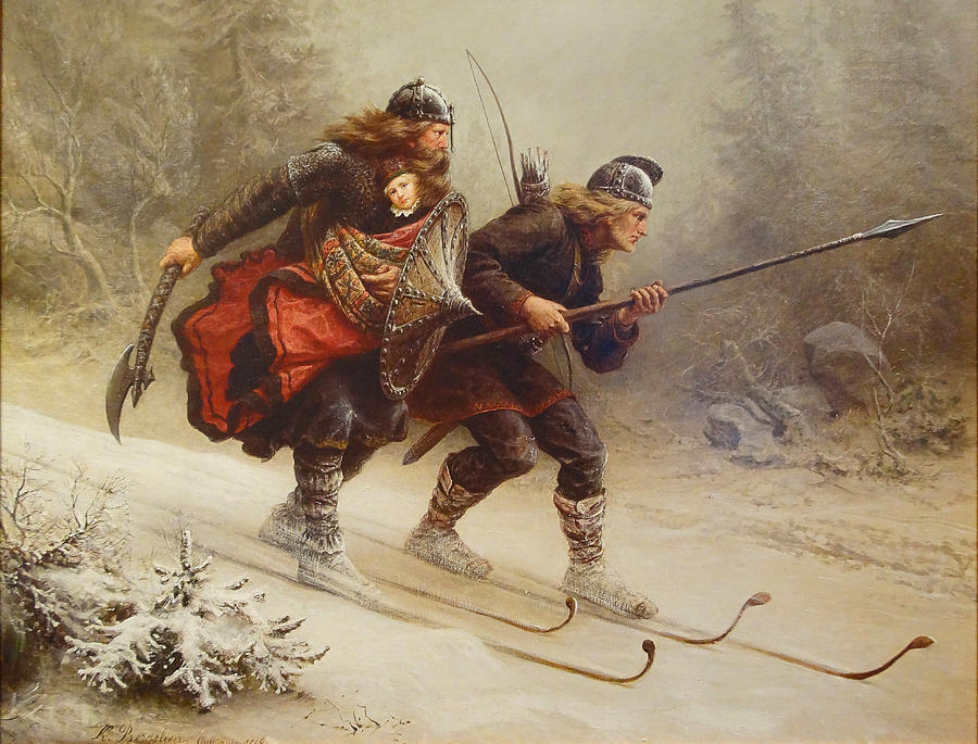 Knud Bergslien Painting - Skiing Birchlegs Crossing the Mountain with the Royal Child by Knud Bergslien