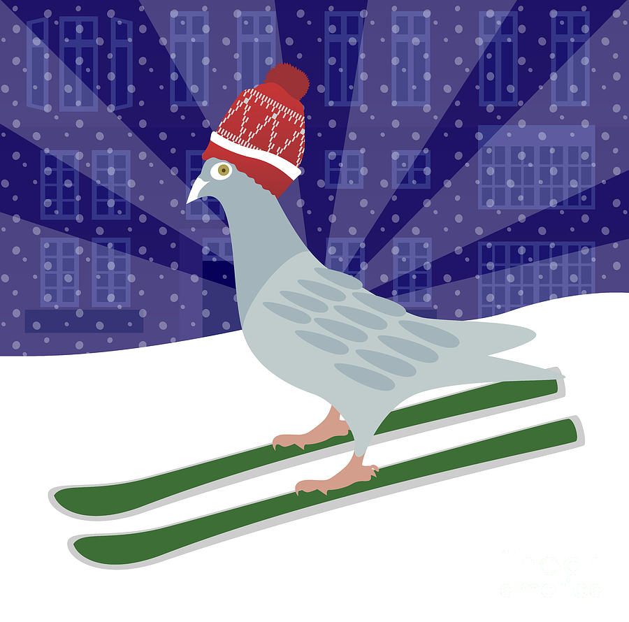Christmas Digital Art - Skiing Pigeon by Claire Huntley