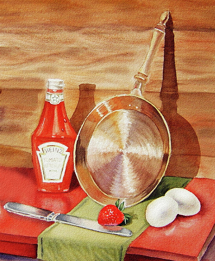 Skillet Eggs And Heinz Ketchup Watercolor  Painting by Irina Sztukowski