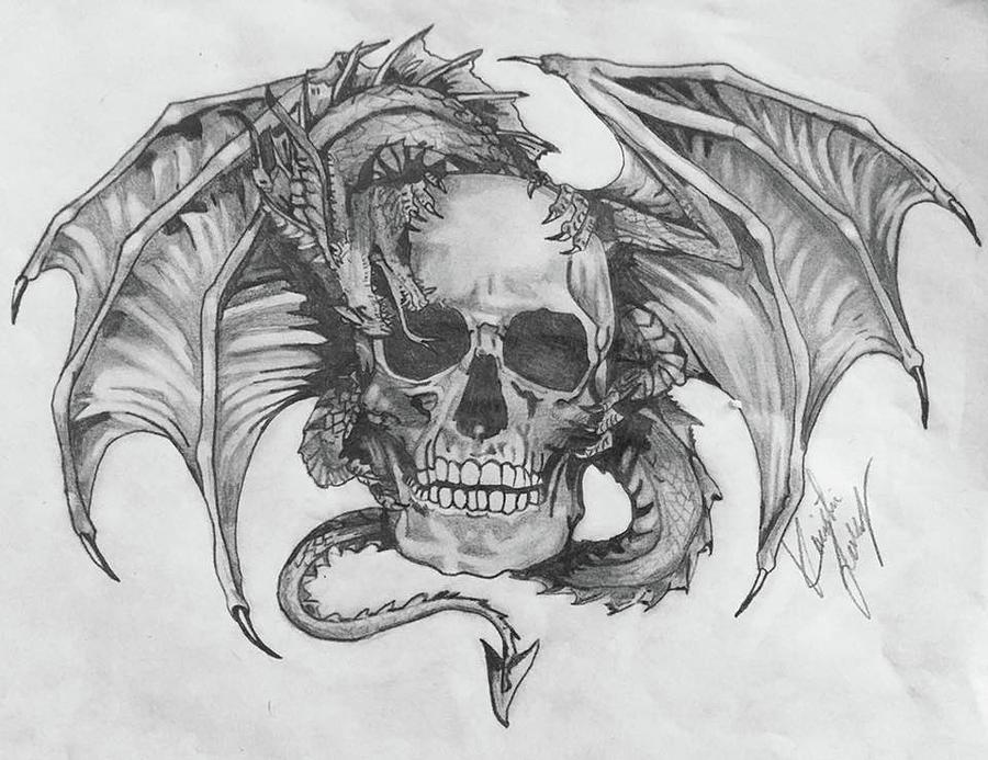 Pencil Drawing - Skull and Dragon by Kristin Salley.