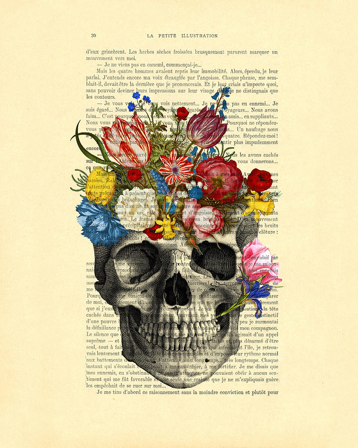 Crane Digital Art - Skull With Flowers Vintage Illustration by Madame Memento