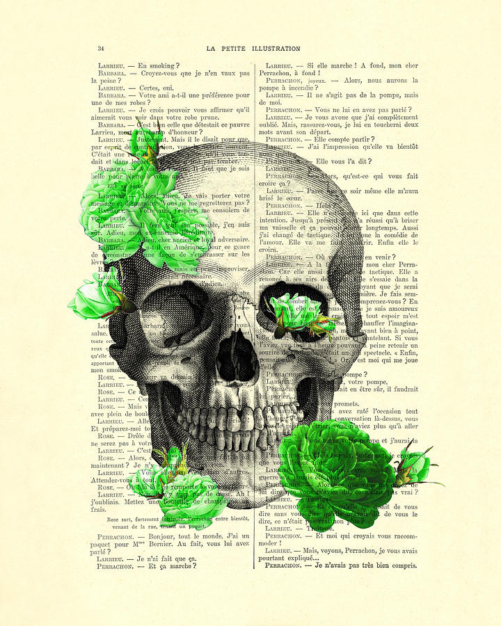 Rose Digital Art - Skull and green roses illustration by Madame Memento