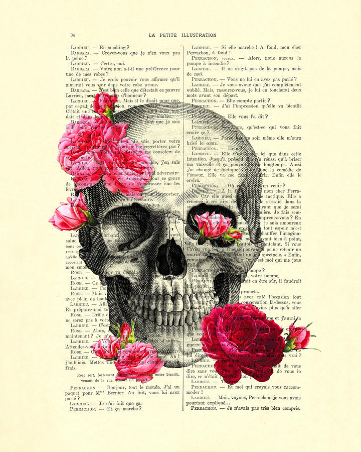 Rose Digital Art - Skull and pink roses by Madame Memento