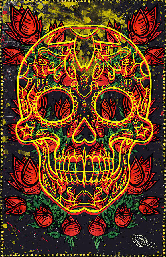 Skull Painting - Skull and Roses by Josh Brown 