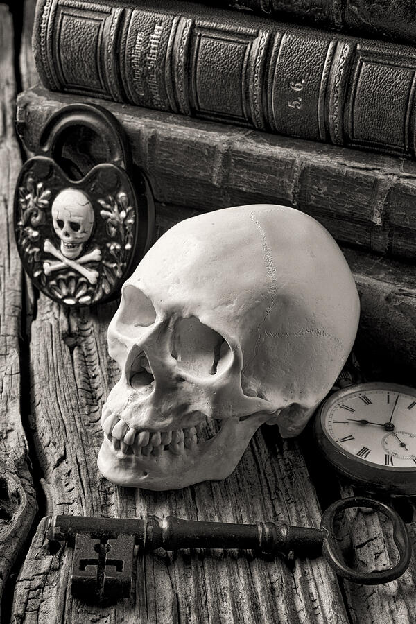 Book Photograph - Skull and skeleton key by Garry Gay