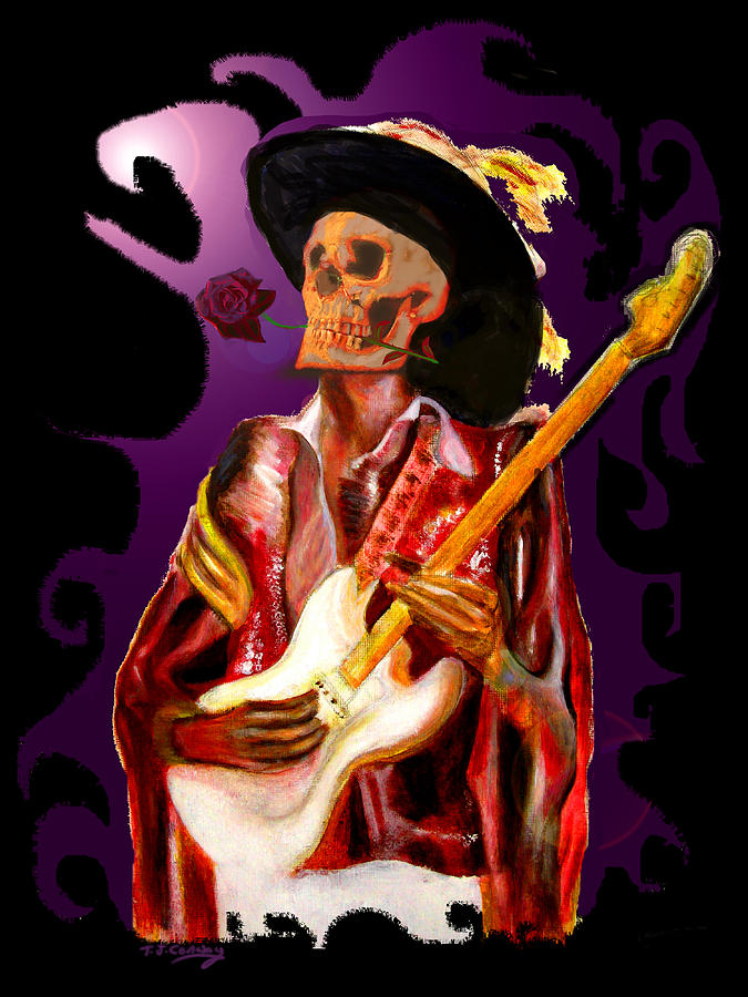 Skull Guitar Player with Rose Painting by Tom Conway