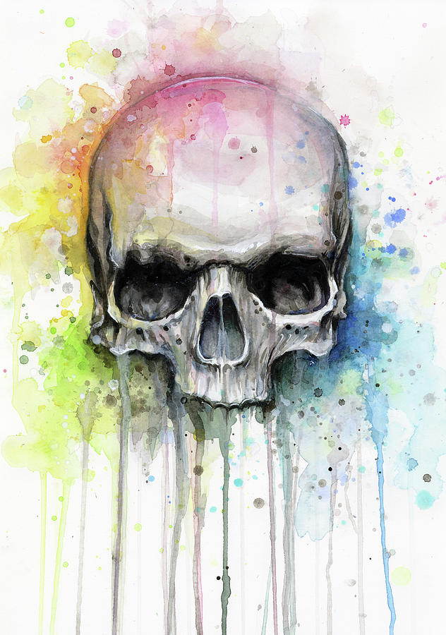 Skull Painting - Skull Watercolor Rainbow by Olga Shvartsur