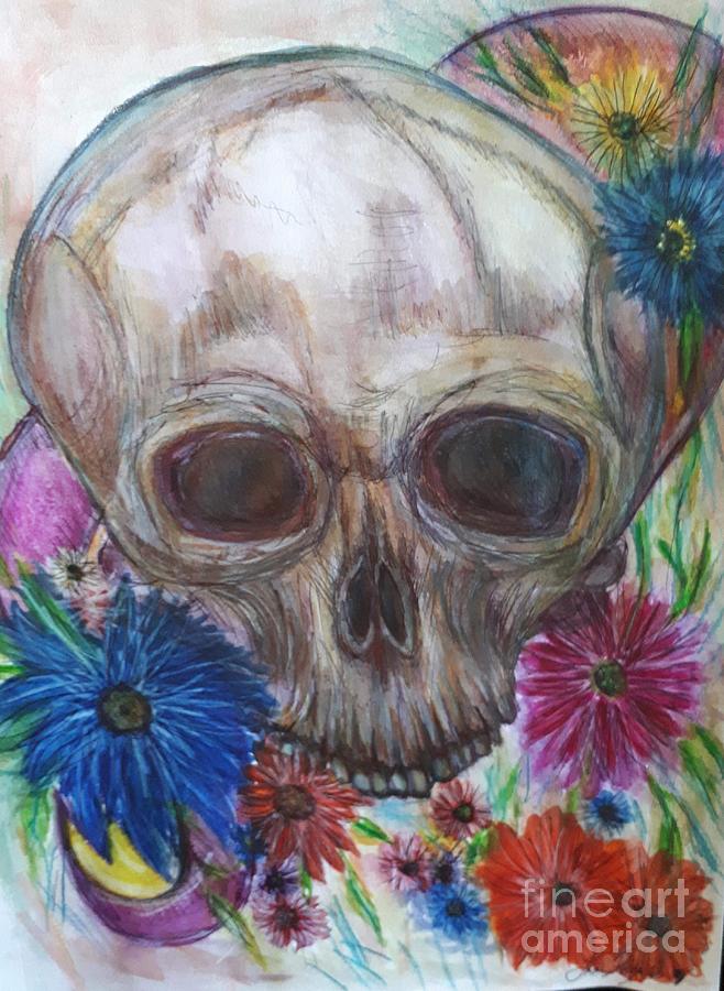 Skull with flowers and ribbon Drawing by Lisa Koyle