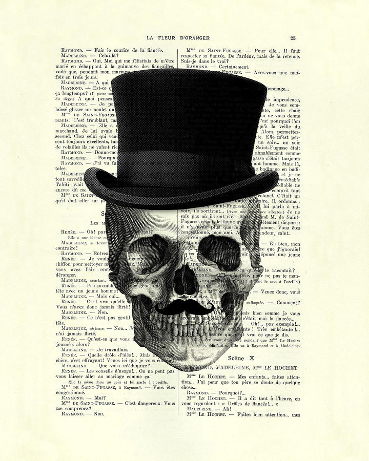 Vintage Digital Art - Skull With Top Hat And Moustache by Madame Memento