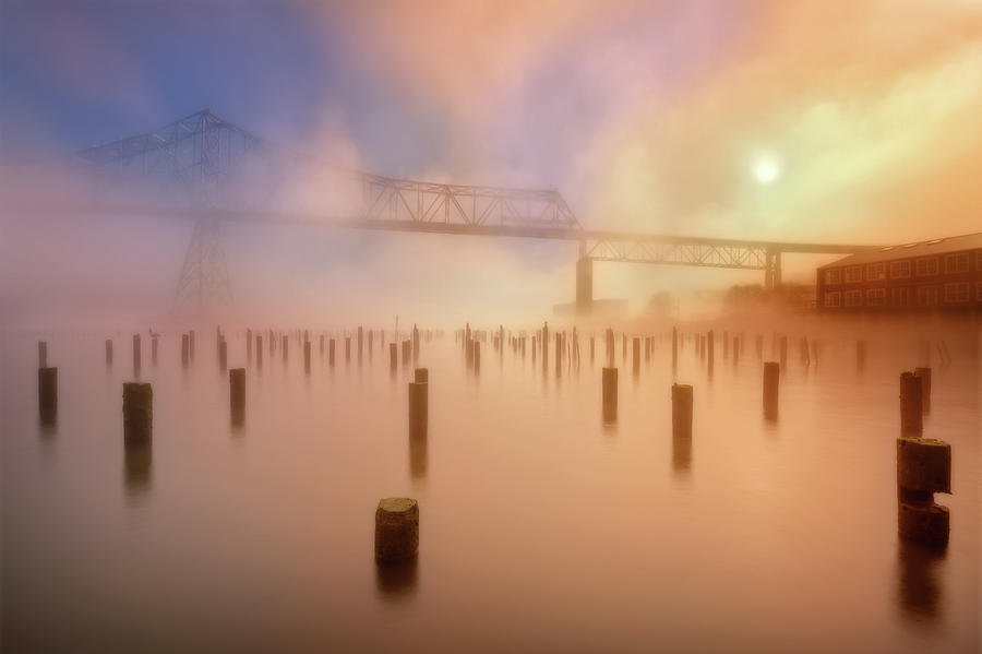Sky bridge in foggy morning Photograph by William Lee
